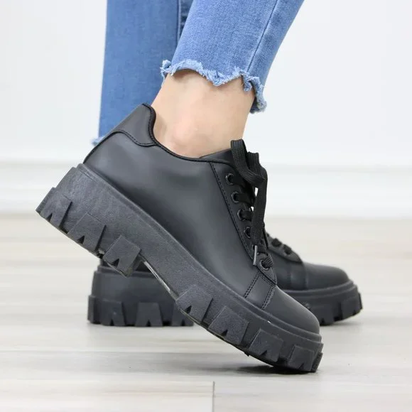 Black Chunky Lace-Up Lug Sole Oxford Platform Women's Shoes - Picture 5 of 12